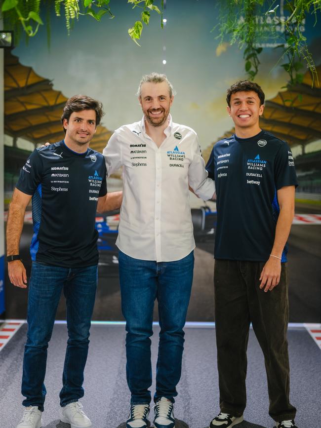 Atlassian boss, Mike Cannon-Brookes (centre) pictured with Williams Formula One Drivers, Carlos Sainz (left) and Alexander Albon has signed a long-term sponsorship deal with the team.