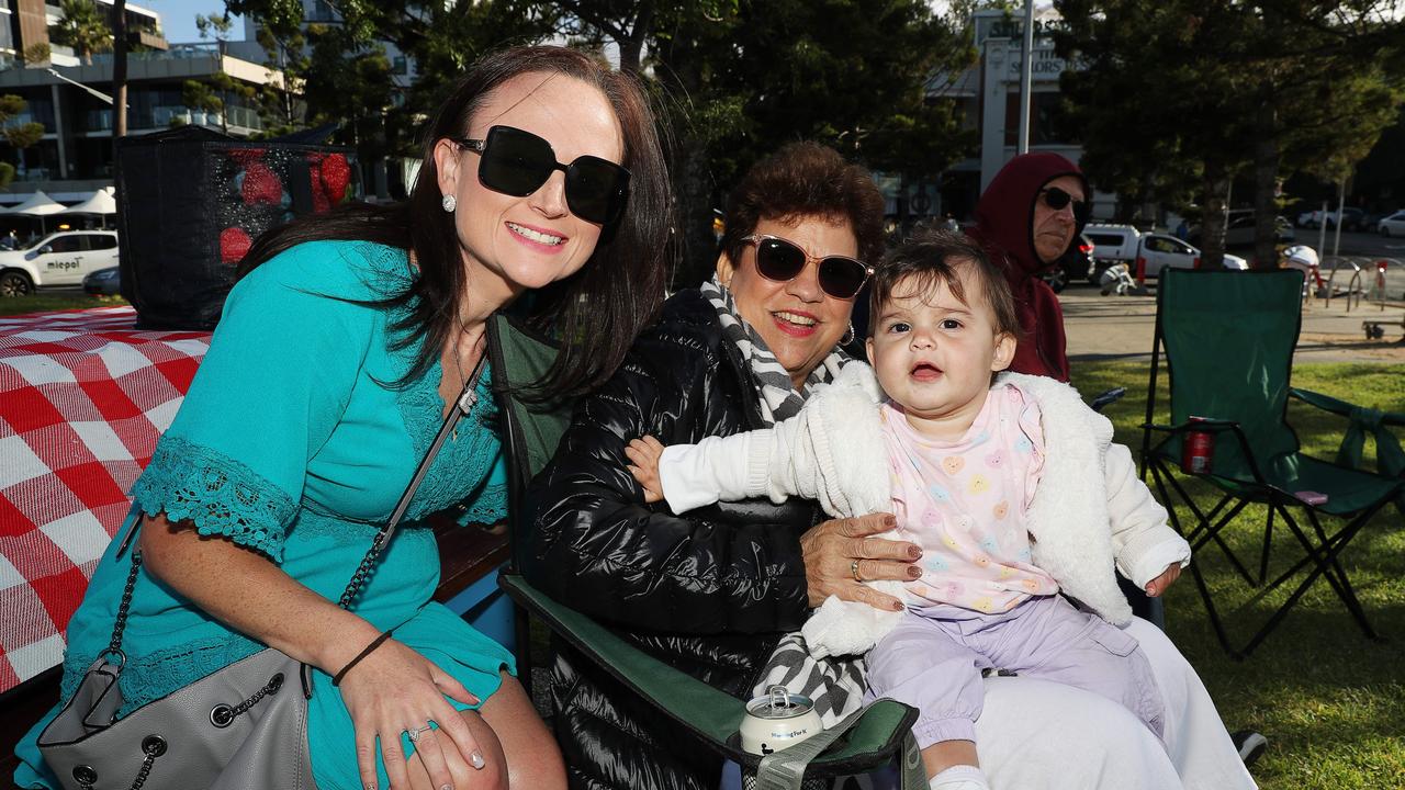 Elyse, Linda and Lexi Caboche. Locals and visitors arrived early to get a good spot for the Geelong New Years Eve celebrations. Picture: Alan Barber