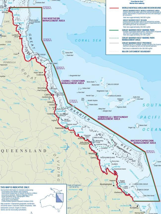 The boundaries of the Great Barrier Reef world heritage area. By mid-2027, gillnet fishing will be illegal within the red lines.