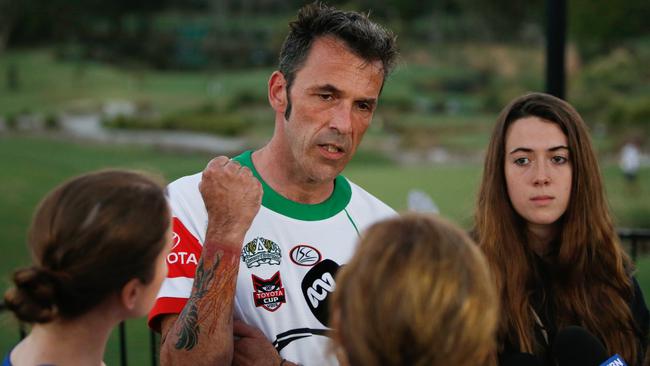 Laurent Hayez, the father of missing Belgian backpacker Theo Hayez and niece Lisa Hayez speak to the media at a special event held at the Byron Bay Golf Club to thank all volunteers who are helping in the ongoing search, in Bryon Bay, NSW, Sunday, June 30, 2019. The 18-year old was last seen leaving Cheeky Monkey night club in Byron Bay on May 31. (AAP Image/Regi Varghese) NO ARCHIVING