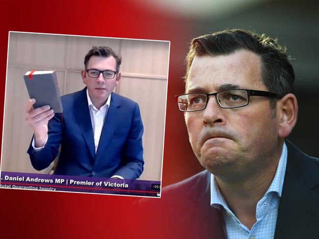 Victorian Premier Daniel Andrews (main picture) fronts his daily press conferecne and (inset) swears in to give evidence to the hotel quarantine inquiry. Pictures: