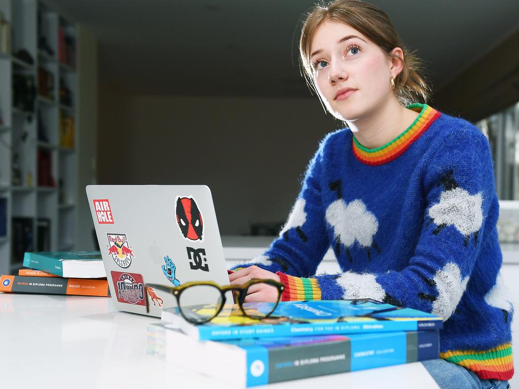 Year 12 student Abby Ranford, 17, studying at her home. Picture: Mark Brake