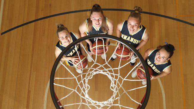 Immanuel College’s Girls Open A basketball team has now been undefeated for the past three years and have won both the School Sport SA Championships and the IGSSA Premiership each year. Team members Annelise Romanuik, Bianca Stasinowsky, Amy Cotton and Sophie Miles after the team was nominated for a School Sports Award. Picture: Tait Schmaal.