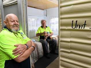 GOODFELLAS: Lismore Men & Community Shed president George Sparnon and shed co-ordinator Ian Bottrell are thrilled to have completed a caravan for veterans who needs a place to stay. Picture: Marc Stapelberg