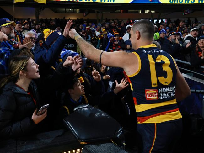 ADELAIDE, AUSTRALIA - JUNE 29: Taylor Walker of the Crows celebrates their win during the 2024 AFL Round 16 match between the Adelaide Crows and the GWS GIANTS at Adelaide Oval on June 29, 2024 in Adelaide, Australia. (Photo by James Elsby/AFL Photos via Getty Images)