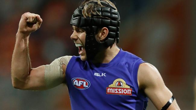 Caleb Daniel celebrates a goal against GWS. (Photo by Michael Willson/AFL Media/Getty Images)