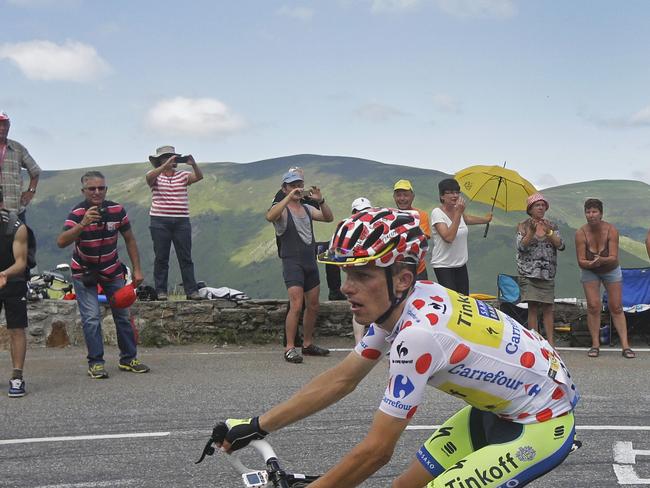 Rafal Majka, wearing the best climber's dotted jersey, climbs Val Louron Azet pass during the seventeenth stage of the Tour de France. Picture: Laurent Cipriani