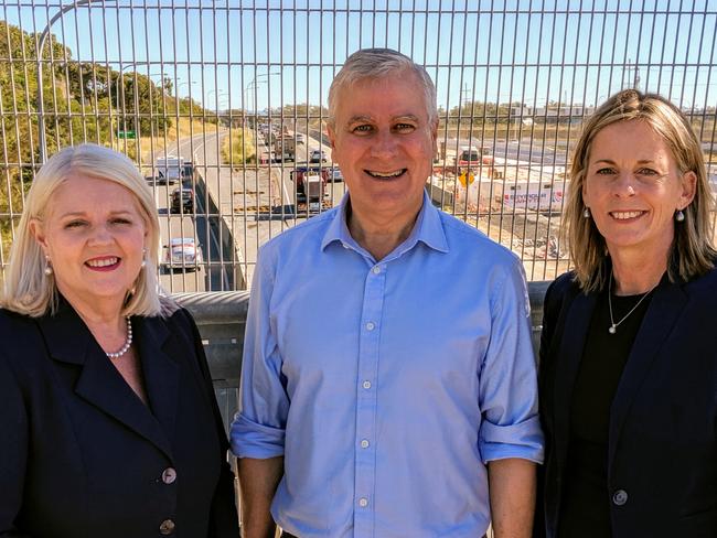 Member for McPherson Karen Andrews, Deputy Prime Minister Michael McCormack and Member for Moncrieff Angie Bell spoke about upgrading the M1. Pictured at 10.11am. Picture: Luke Mortimer