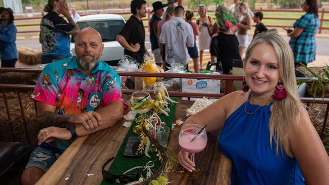 Phil Armon and Rachael Armon at the Berry Springs Tavern croc race. Picture: Pema Tamang Pakhrin