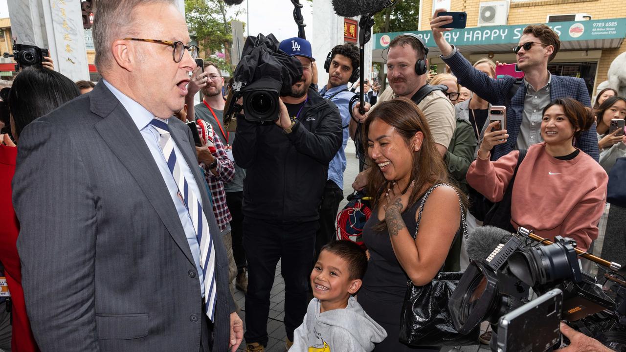 The Prime Minister was also charmed by a local five-year-old during Monday’s street walk in Cabramatta’s Freedom Plaza. Picture: Jason Edwards / NewsWire