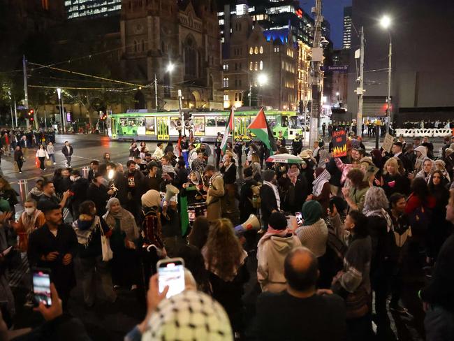 Pro-Palestine protesters gathered at Federation Square and Flinders Street Station. Picture: Brendan Beckett