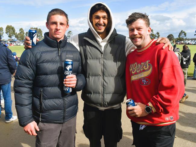 West Gippsland league grand final match 2024 — Phillip Island Bulldogs V Nar Nar Goon "The Goon" Football Club at Garfield Recreation Reserve on September 14, 2024: Lachie, Tyrell Bignoux and Tom Hillard. Picture: Jack Colantuono