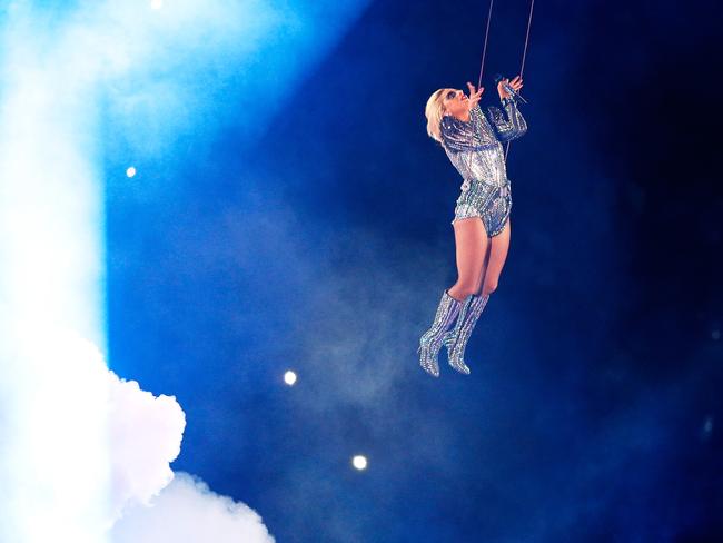 Gaga’s plummet from the stadium roof was a perfect illusion. Picture: Bob Levey/Getty Images