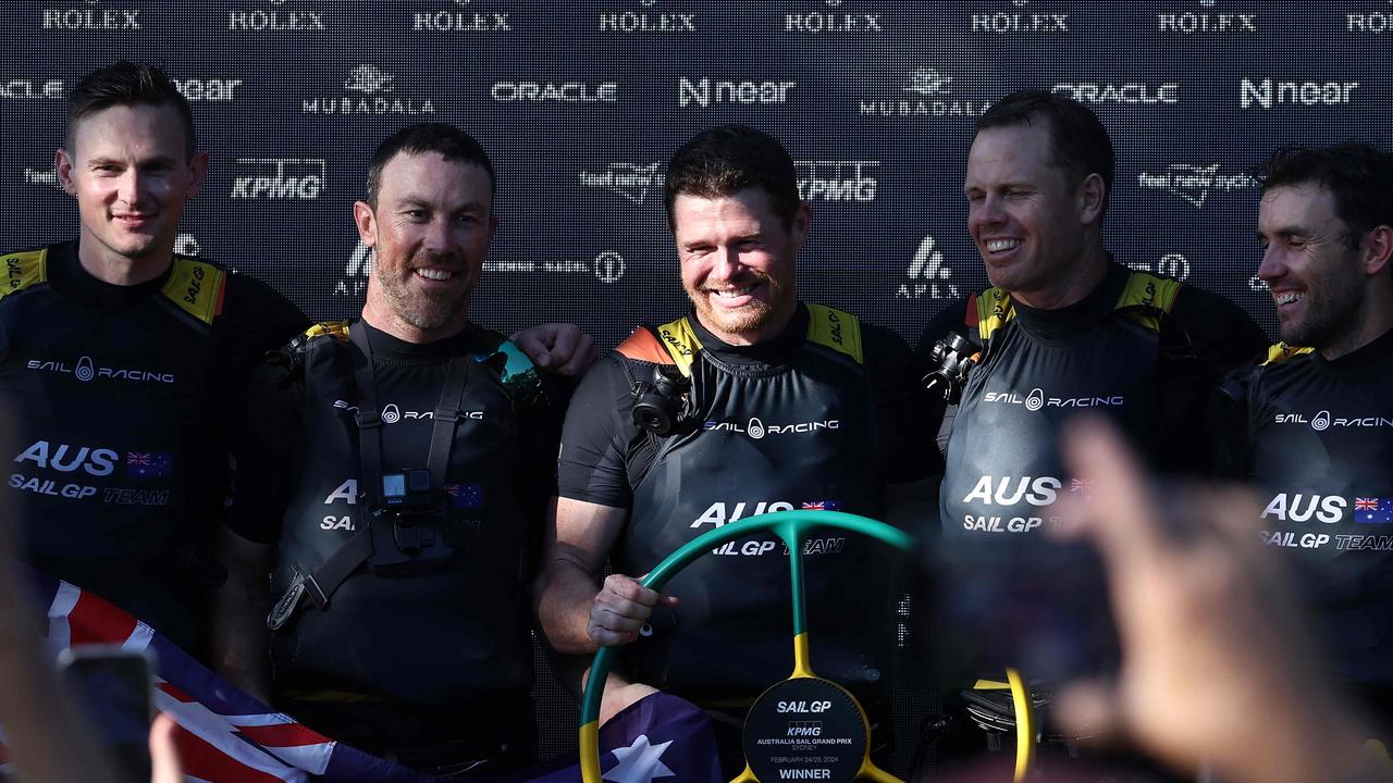 Kyle Langford (far left) is leaving Australia’s SailGP team. (Photo by DAVID GRAY / AFP)