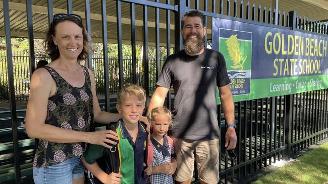 Sue-Ellen, Harper, Matilda, and Chris on Matilda's first day of school at Golden Beach State School. Picture: Iwan Jones