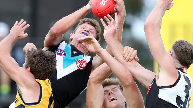 Murray contesting with Mitch Georgiades for a mark. Picture: Sarah Reed/AFL Photos via Getty