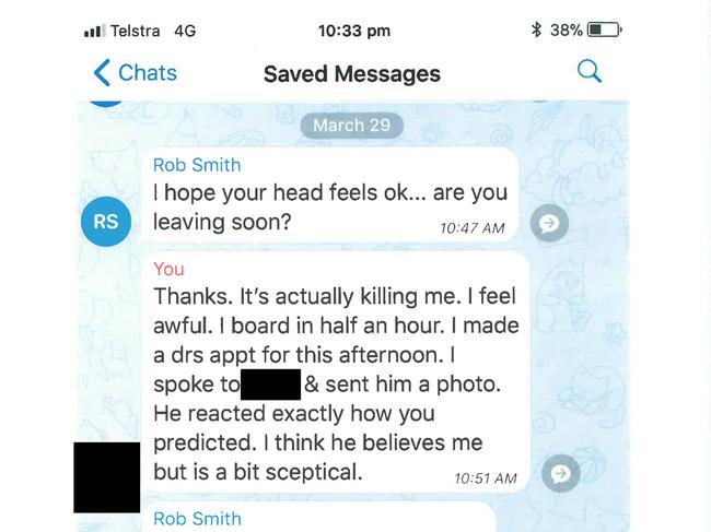 Texts between Mr Roberts-Smith and Person 17 where she tells her husband about the fall. Mr Roberts-Smith’s lawyers say they show he was concerned for her wellbeing.