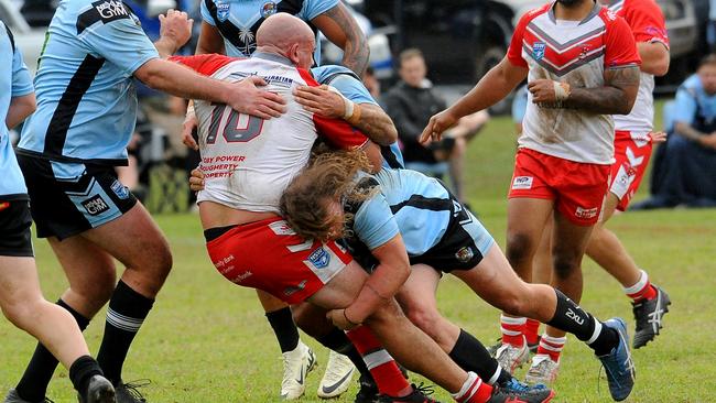 South Grafton prop Grant Stevens met in a strong tackle. Picture: Leigh Jensen