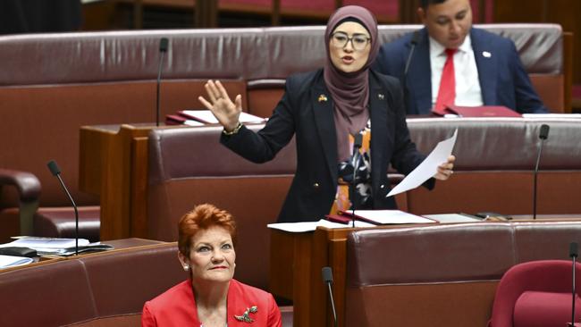 Senator Fatima Payman unleashed at One Nation Leader Pauline Hanson in the Senate. Picture: NewsWire / Martin Ollman