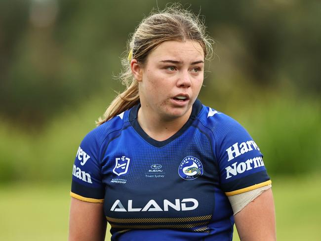 SYDNEY, AUSTRALIA - SEPTEMBER 08: Rory Owen of the Eels looks on during the round seven NRLW match between Parramatta Eels and Gold Coast Titans at Eric Tweedale Stadium on September 08, 2024 in Sydney, Australia. (Photo by Jeremy Ng/Getty Images)