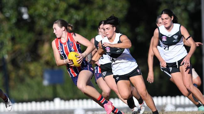 Rising QAFLW star Mia Geere in action for Wilston Grange. Picture: Highflyer Images.