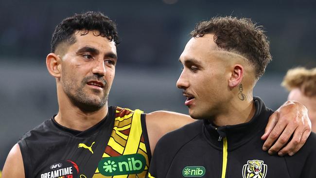 Dual premiership Tiger Marlion Pickett (left) has announced his retirement after 91 AFL games in six seasons. Picture: Quinn Rooney / Getty Images