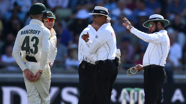 The umpires inspect the ball during day two of the first Test. Picture: Getty Images