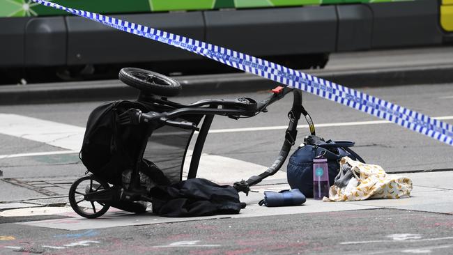 Haunting: the upturned pram in the wake of the Bourke St rampage. Picture: AAP