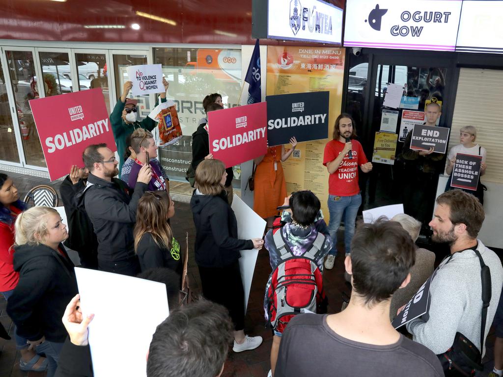 Protesters were led by Tom Gilchrist outside of Fun Tea in Gouger Street where a girl was assaulted. Picture: Dean Martin