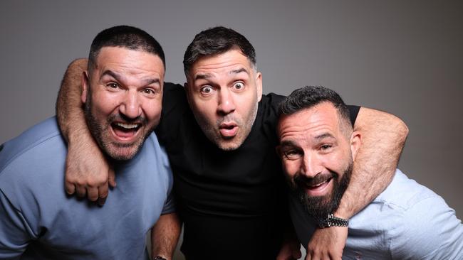Carlo Salanitri (centre) and the Sooshi Mango comedy group. Picture: Dylan Coker