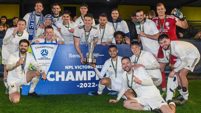 Oakleigh Cannons celebrate their NPL championship. Picture: Football Victoria