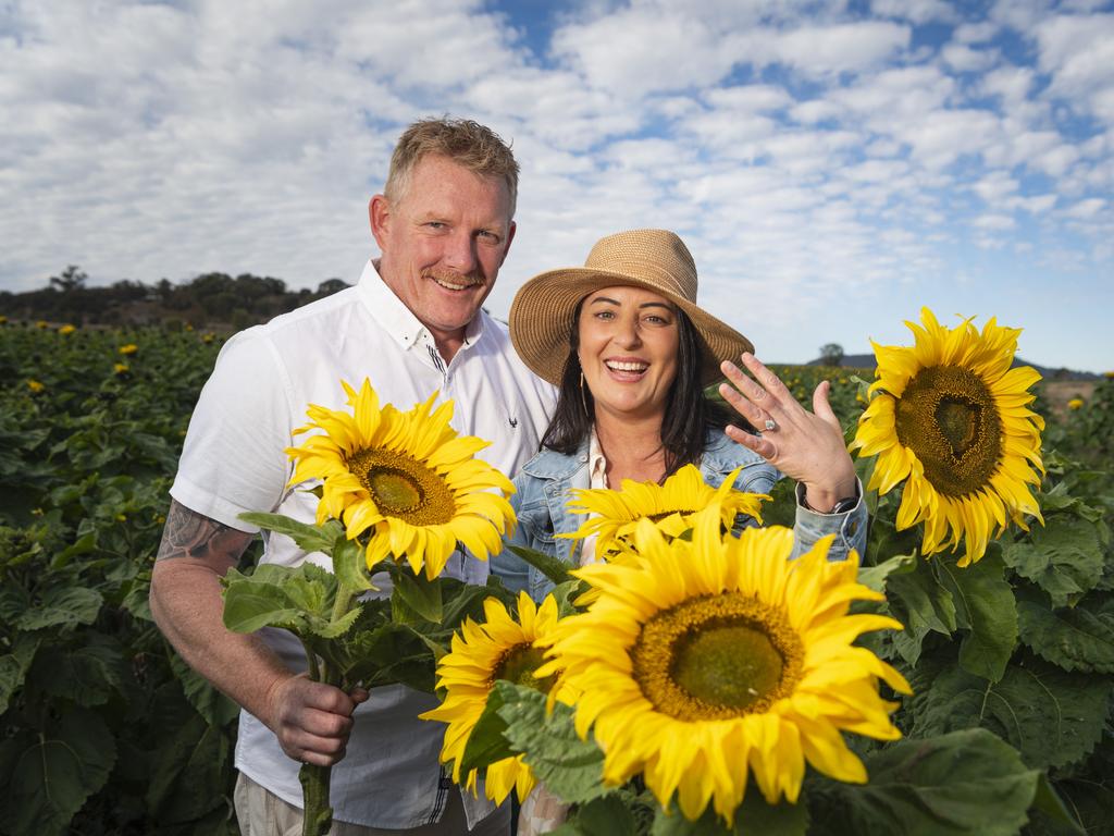 Nick Rafter proposed to Jennifer Hodges while at Warraba Sunflowers, Saturday, June 22, 2024. Picture: Kevin Farmer