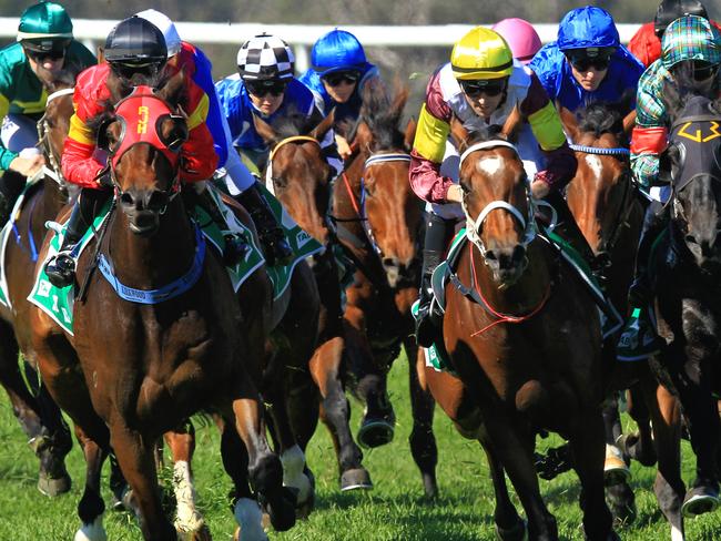 Loving home ridden by Tye Angland  (yellow cap, maroon with yellow armbands) wins race 1 during Scone  Races located in the Upper Hunter Region of NSW. The Bend . Pic Jenny Evans