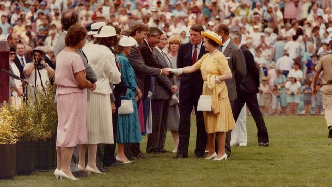 Queen Elizabeth visits Parramatta Stadium on March 5, 1986.