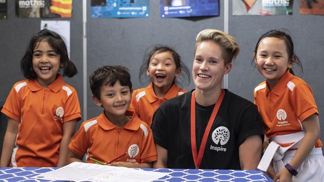 Simone Roy, 5, Lincoln Smith, 5, Shumeng Zheng, 5, Georgia Vos, centre manager, and Charlotte Anglingdarma, 8, at Inspire Carlingford. Picture: NCA NewsWire/ Monique Harmer