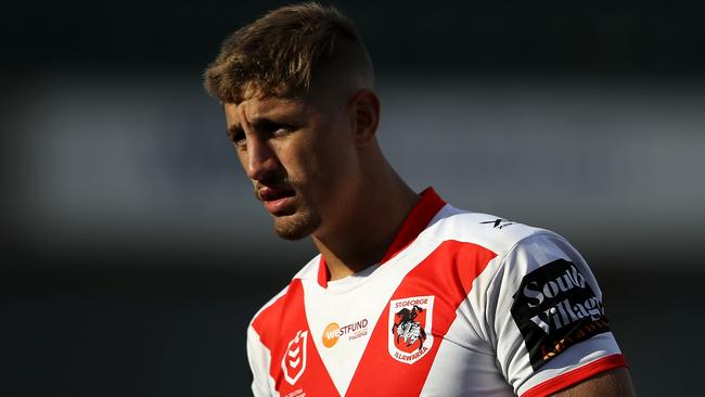 WOLLONGONG, AUSTRALIA - FEBRUARY 23: Zac Lomax of the Dragons watches on during the NRL trail match between the St George Illawarra Dragons and the Newcastle Knights at WIN Stadium on February 23, 2019 in Wollongong, Australia. (Photo by Mark Kolbe/Getty Images)