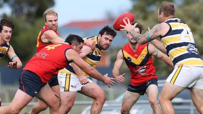 SFL. Sorell V Dodges Ferry. Jayden White Sorell passes to Alexander Jones Sorell. Picture: Nikki Davis-Jones