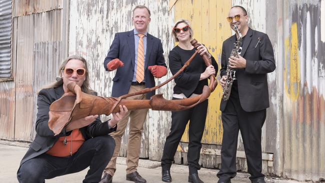 Mona Foma curator Brian Ritchie, left, and Premier Will Hodgman with Mona Foma 2018 performers Suzanne Turner and Adam Simmons.