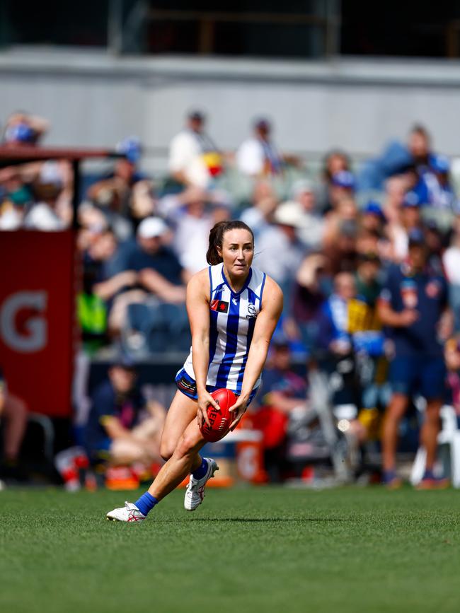 Bresnehan gets a kick away during last week’s preliminary final win over the Crows. The 26 year-old finished with 8 disposals, two marks and five intercept possessions. (Photo by Dylan Burns/AFL Photos via Getty Images)