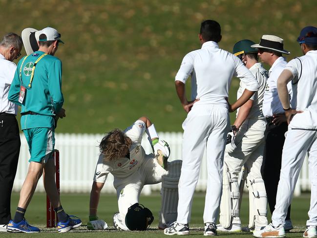 A nasty hit playing for Australia A at Drummoyne Oval in 2020 against India has been one of many plaguing Pucovski’s career. Picture: Jason McCawley/Getty Images