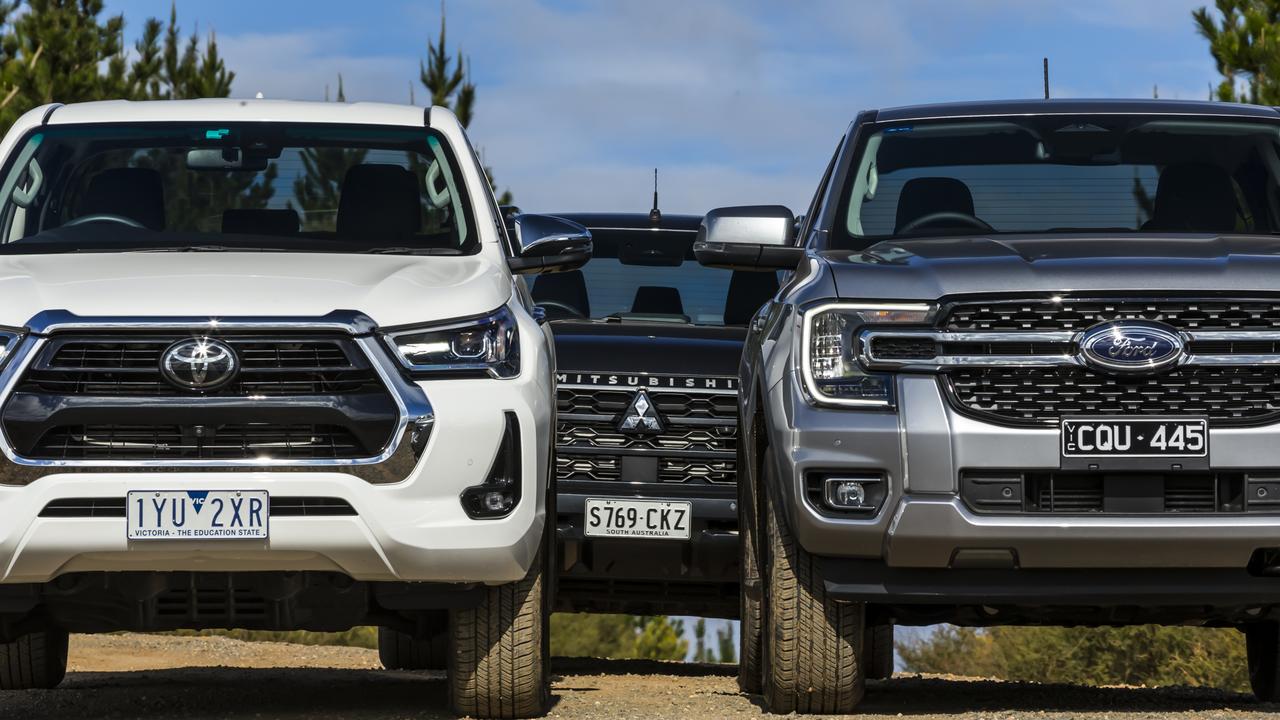 Toyota HiLux, Mitsubishi Triton and Ford Ranger utes. Photo: Mark Bean