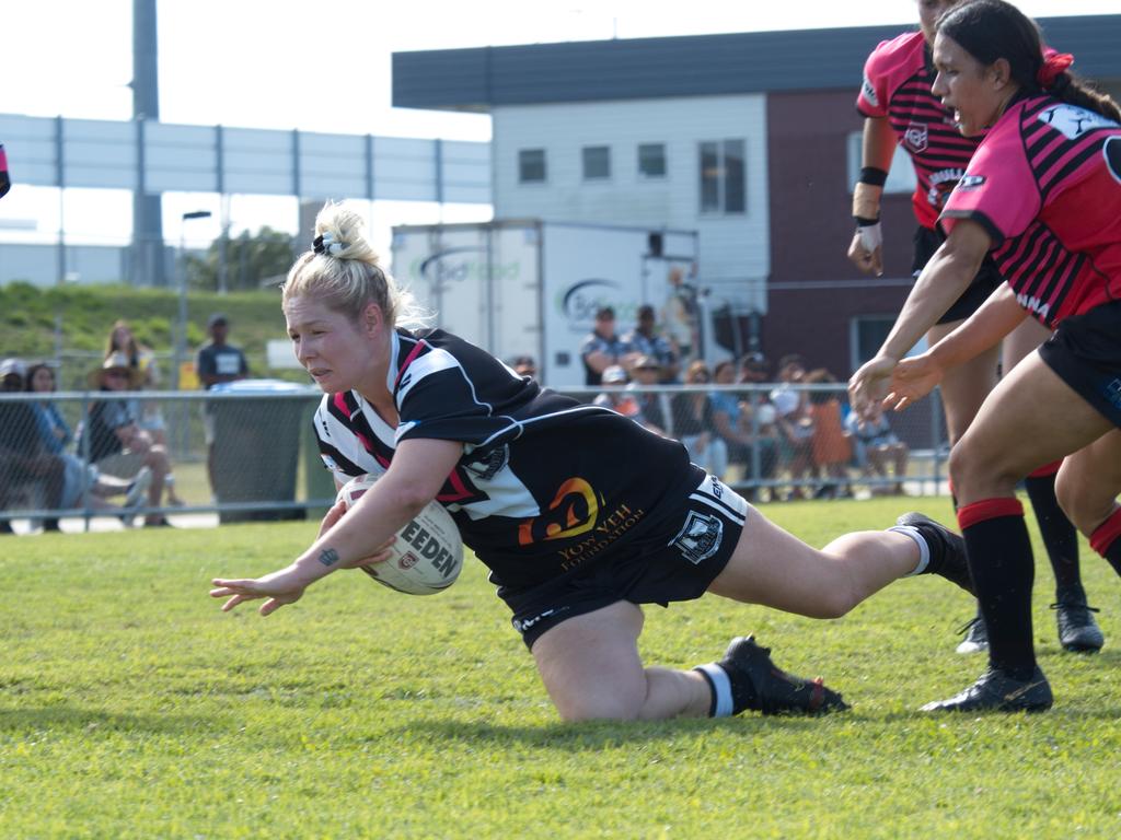 August 28th, 2021 Picture: Marty Strecker Magpies Captain Tina Hancock dents the defence past Norths Captain, Naomi Temby, to land the second try in the Grand Final qualifier.