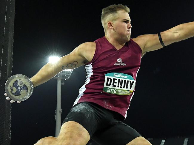 Gold medalist Matthew Denny of Queensland is seen during the Mens Discus final the Australian Athletics Championships competition at Carrara Stadium on the Gold Coast, Friday, February 16, 2018. (AAP Image/Dave Hunt) NO ARCHIVING, EDITORIAL USE ONLY