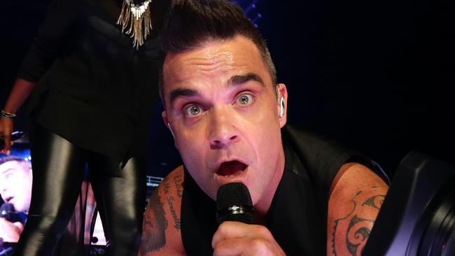 Robbie Williams performing at the Brisbane Entertainment Centre. Pic Peter Wallis