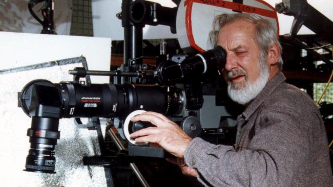 Documentary filmmaker Jim Frazier using the 'Panavision Frazier Lens' camera lens system that he invented.