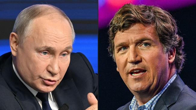 Russian president Vladimir Putin and conservative American talk show host Tucker Carlson. Picture: AFP