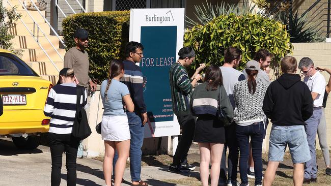 Lineup of people wanting to view a rental property at 290 Given Terrace, Paddington. Picture: Liam Kidston