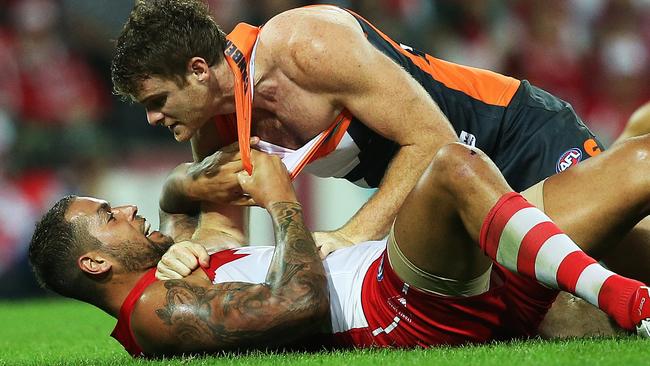 Tensions flare between Lance Franklin and Heath Shaw. Picture: Phil Hillyard