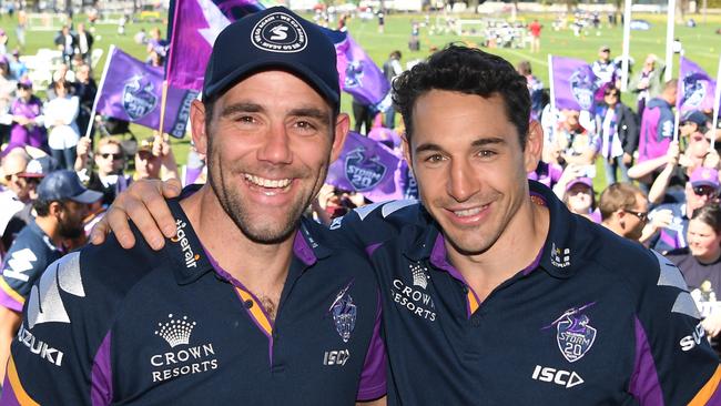 Melbourne Storm legends Cameron Smith and Billy Slater will be immortalised with statues outside AAMI Park. Picture: AAP