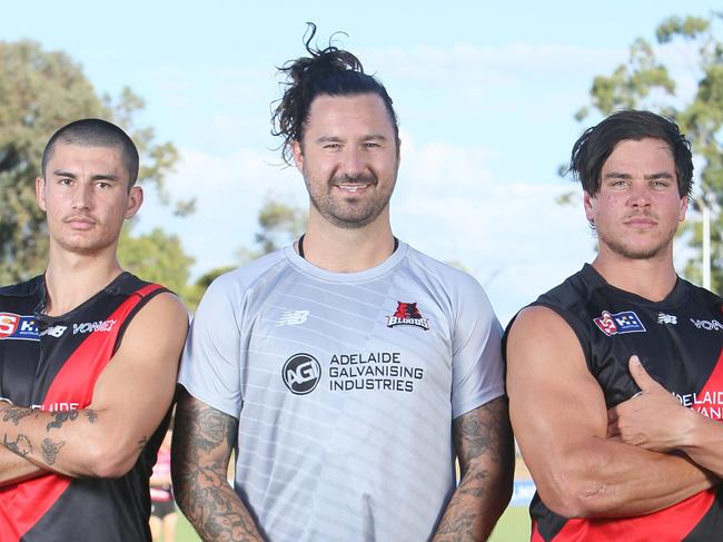 ADELAIDE, AUSTRALIA - Advertiser Photos MARCH 21, 2023: New West Adelaide Football Club coach Adam Hartlett with new recruits Rhys Nicholls and Dylan Bramich on West Adelaide Football Oval. Picture: Emma Brasier